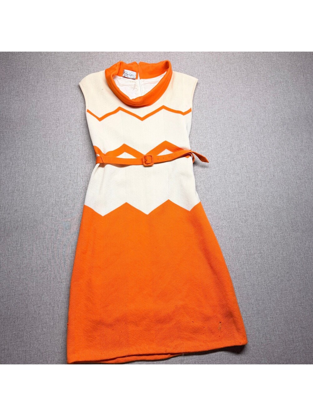 Vintage Retro Sebastian Orange Cream Wool Sleeveless Belted Dress Women's Small
